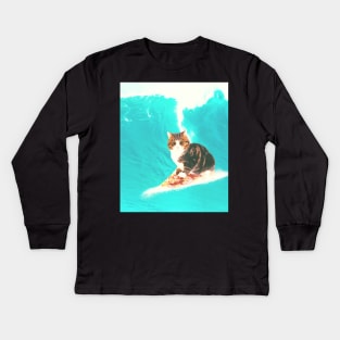 Kitty Cat Surfing Pizza Kids Long Sleeve T-Shirt